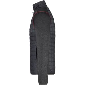 A grey and black mens knitted hybrid jacket with a quilted design and a side view showcasing the fabric texture.