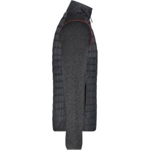 A knitted hybrid jacket in dark grey with a puffy inner layer and a zippered collar. Features a logo on the chest.