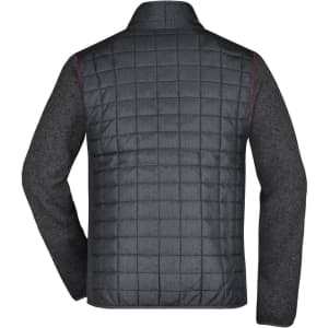 A men's knitted hybrid jacket featuring a quilted dark grey front and contrasting grey sleeves. It includes a brand logo.