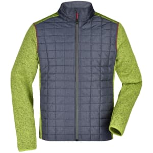 A men's knitted hybrid jacket featuring a blue quilted body and green knitted sleeves, with a zip closure and branding.