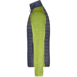 A mens knitted hybrid jacket featuring a dark grey body and bright green sleeves, with a logo on the front.