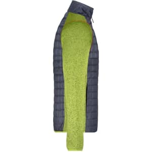 A men's knitted hybrid jacket featuring a grey body and vibrant green sleeves, with a logo on the front.