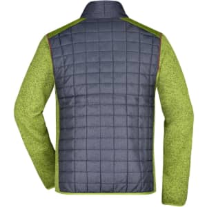 A knitted hybrid jacket featuring a quilted blue back and green sleeves, with a logo on the collar.