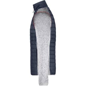A mens knitted hybrid jacket featuring a navy quilted design on one side and a light grey knitted fabric on the other.