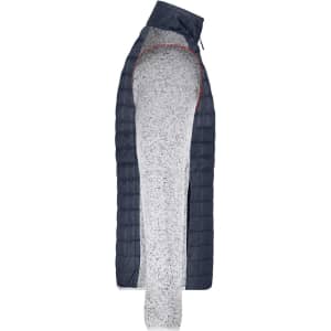 A knitted hybrid jacket featuring a navy quilted exterior and light grey sleeves, with a logo on the chest.