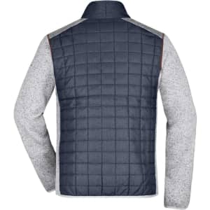 A back view of a men's knitted hybrid jacket featuring a navy quilted body and grey knitted sleeves.