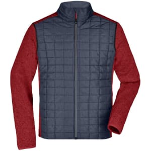 A hybrid jacket featuring a navy quilted front and red knitted sleeves, with a central zip and no hood.