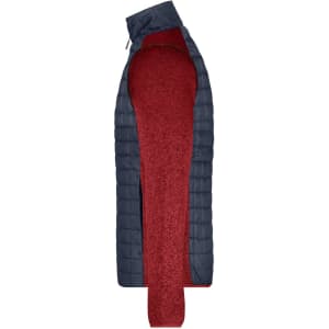 A men's knitted hybrid jacket featuring navy and maroon colours, with a quilted design and a logo.