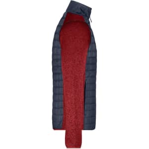 A men's knitted hybrid jacket featuring a navy and burgundy colour scheme, showcasing a quilted design with a logo.
