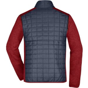 A knitted hybrid jacket featuring a navy body and burgundy sleeves, showcasing a quilted design on the back.