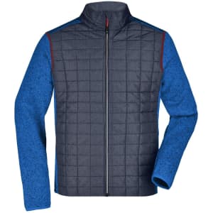 A knitted hybrid jacket featuring a navy quilted body and blue sleeves, complemented by a zipper closure.