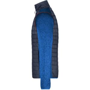 A men's knitted hybrid jacket in navy and blue features a quilted design and has a logo.
