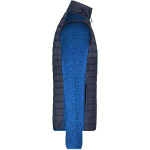 A men's knitted hybrid jacket featuring a navy quilted body and blue knitted sleeves, with a high collar and zipper.