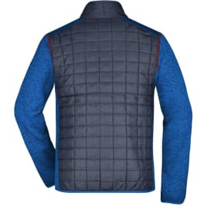 A men's knitted hybrid jacket in navy with blue sleeves, featuring a quilted back design and a logo.
