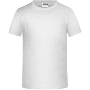 A plain white T-shirt with a round neckline and short sleeves. It features a label inside and has a branding logo.