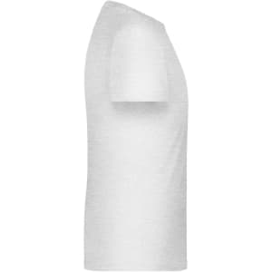 A white T-shirt with short sleeves, featuring a side view and a logo on the fabric.