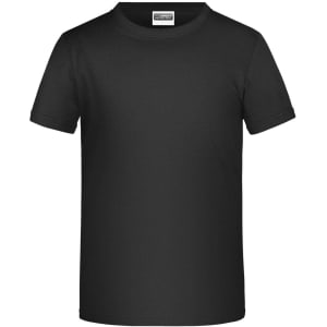 A plain black T-shirt with short sleeves and a round neckline. The shirt features a label inside and has a logo.