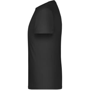 A black T-shirt featuring a crew neckline and short sleeves. It has a logo on the front.