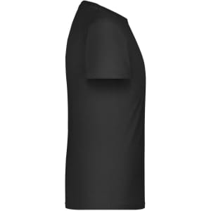 A black t-shirt designed for promotional use, featuring a plain design and short sleeves.