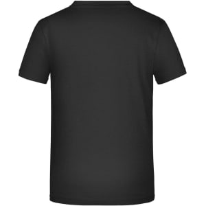 A black T-shirt with a simple design and a logo on the back. Short sleeves and a round neckline.