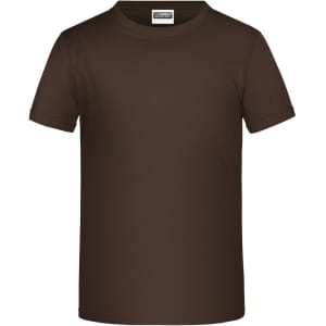 A brown T-shirt featuring short sleeves and a round neckline, with a logo on the label.