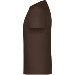 A brown men's T-shirt displayed from the side, featuring short sleeves and a simple design.