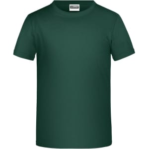 A green T-shirt featuring short sleeves and a crew neckline, with a logo on the label.