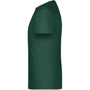 A green short-sleeved t-shirt with a side view, featuring a logo on the fabric.