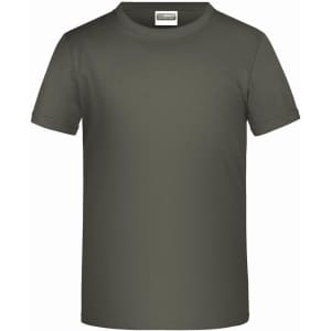 A short-sleeved, olive green T-shirt with a round neck and a plain design, featuring a logo on the label.