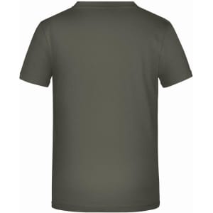 A plain olive green T-shirt with a standard crew neck and short sleeves. It has a logo on the back.