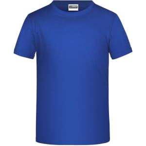 A blue T-shirt with short sleeves and a round neckline, featuring a brand logo.