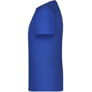 A blue T-shirt with short sleeves, featuring a fitted design and a side view. It includes a logo.