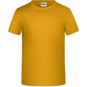 A plain yellow T-shirt with a round neckline and short sleeves, featuring a logo on the label.
