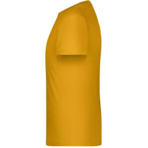 A side view of a plain yellow T-shirt, featuring short sleeves and a simple design. The shirt has a logo.
