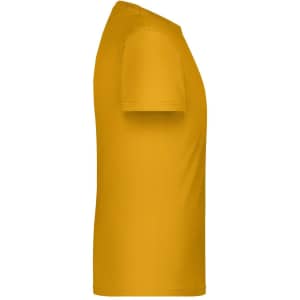 A side view of a plain yellow T-shirt featuring short sleeves and a simple design. It has a logo on it.
