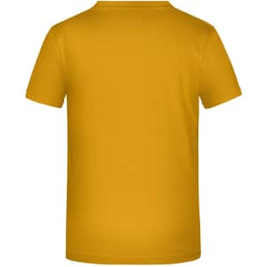 A yellow unisex T-shirt featuring a smooth back design and a logo. Ideal for casual wear.