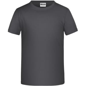 A grey T-shirt with short sleeves and a round neckline. It features a label and has a logo.