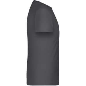 A grey T-shirt featuring a classic crew neck design, displayed from the side view. The shirt has a logo.