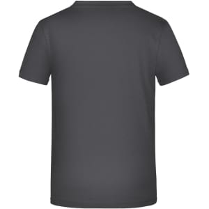 A grey short-sleeved T-shirt featuring a plain back design with a logo.
