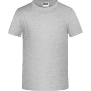 A light grey T-shirt featuring a round neckline and short sleeves, with a logo on the label.