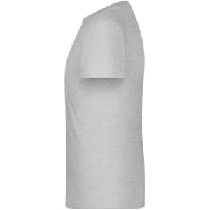 A grey T-shirt with a classic crew neck and short sleeves, featuring a logo.