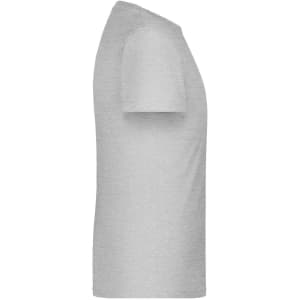 A grey T-shirt with short sleeves, featuring a simple design and a branding logo.