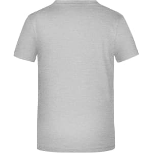 A grey T-shirt with short sleeves and a plain back, designed for promotional use. It features a logo.