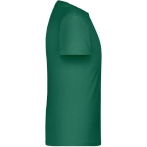 A green promotional T-shirt with short sleeves, featuring a simple design and a logo.
