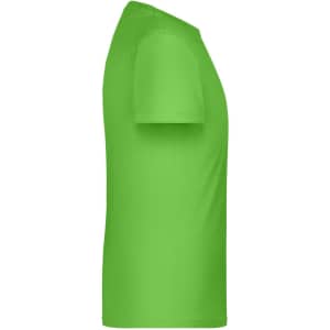 A green t-shirt displayed from the side, featuring short sleeves and a smooth finish. It includes a logo branding.