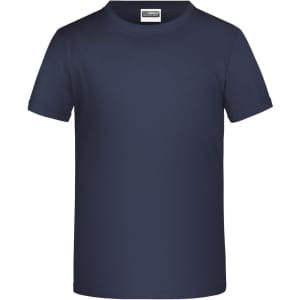 A navy blue T-shirt with a round neckline and short sleeves, featuring a logo on the chest area.