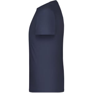 A navy blue t-shirt featuring short sleeves and a fitted design. The shirt has a logo on it.