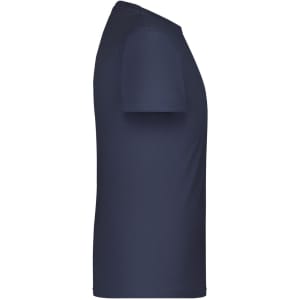 A navy blue T-shirt with short sleeves, showcasing a plain side view and a logo on the chest area.