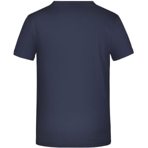 A navy blue T-shirt featuring a plain back design and a logo. Suitable for casual wear or promotional use.