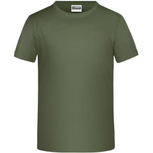 A green T-shirt with a classic crew neck style. The shirt features a tag in the neckline and no visible logos.